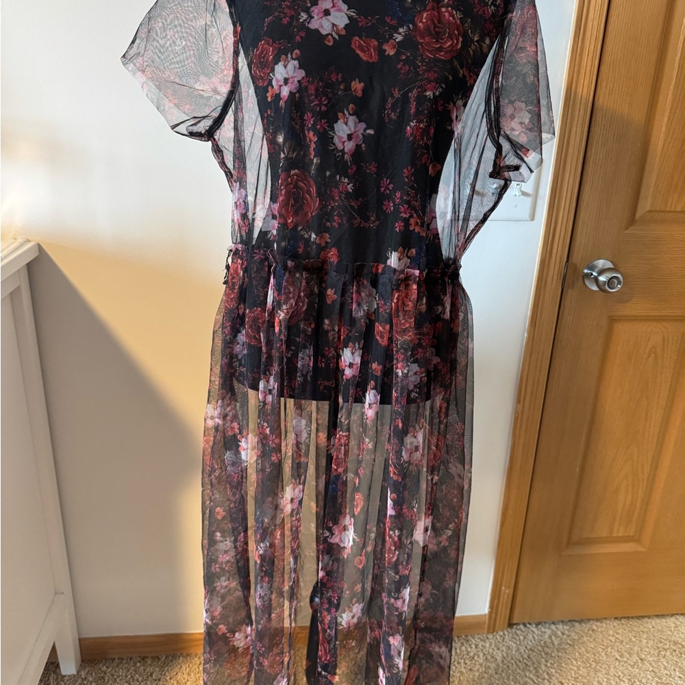 Black Sheer Floral Maxi Dress with Pink Rose Details
